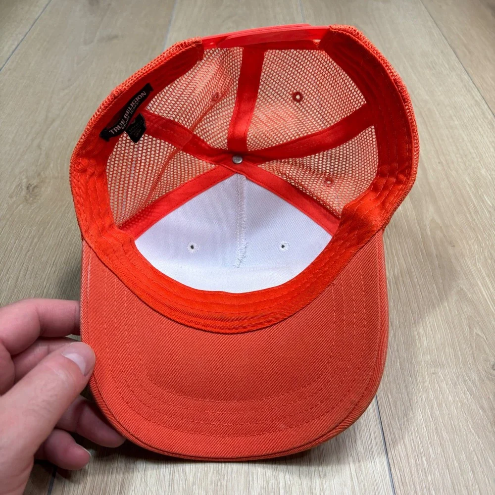 True Religion Mens World Tour Trucker Hat Orange White Buddha Logo Snapback Cap